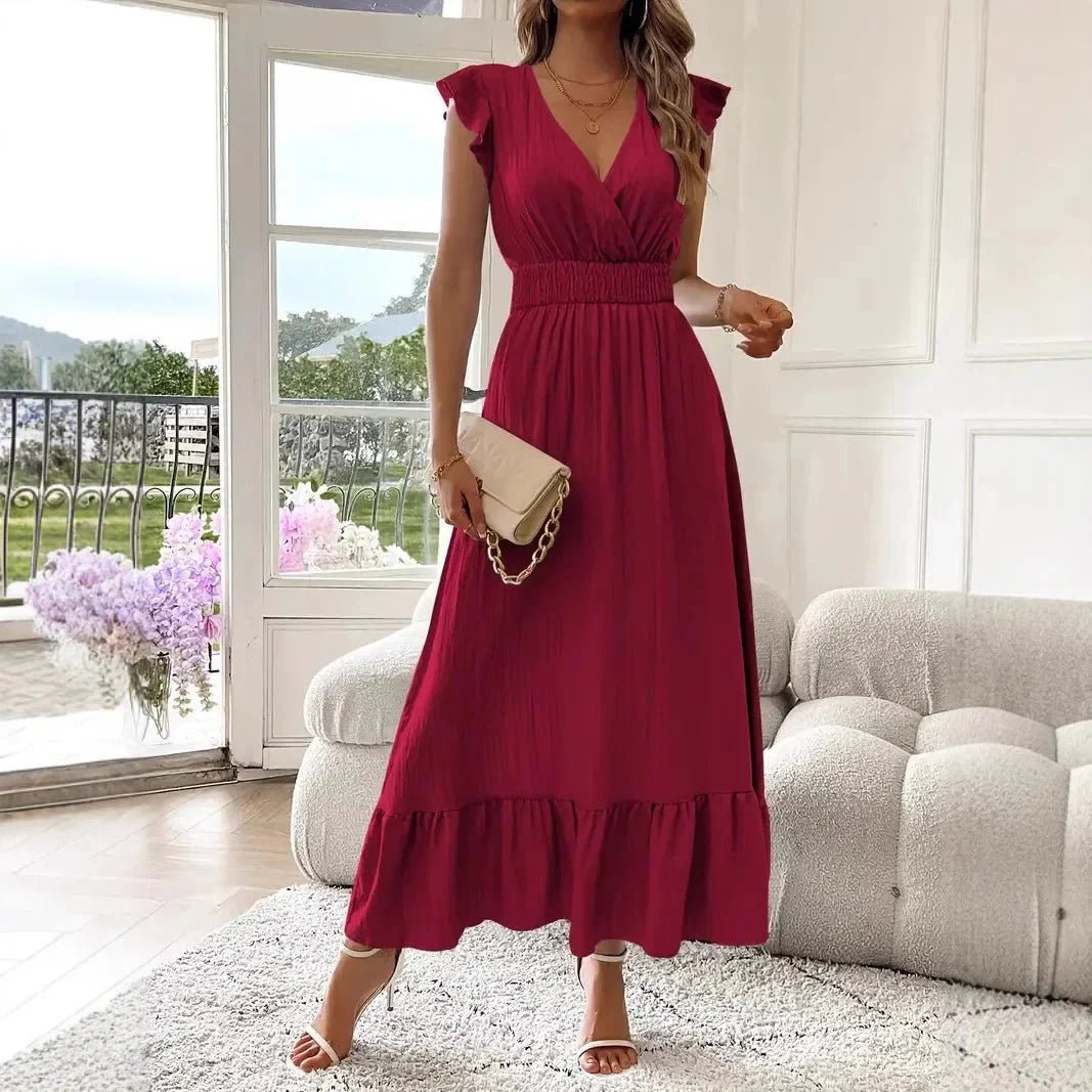 SOKYND Dahlia V - Neck Ruffle Swing Dress DressWineS