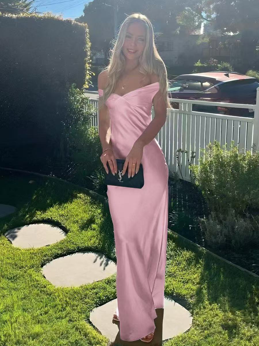 SOKYND Delia Satin Off the Shoulder Maxi Dress DressPinkXS