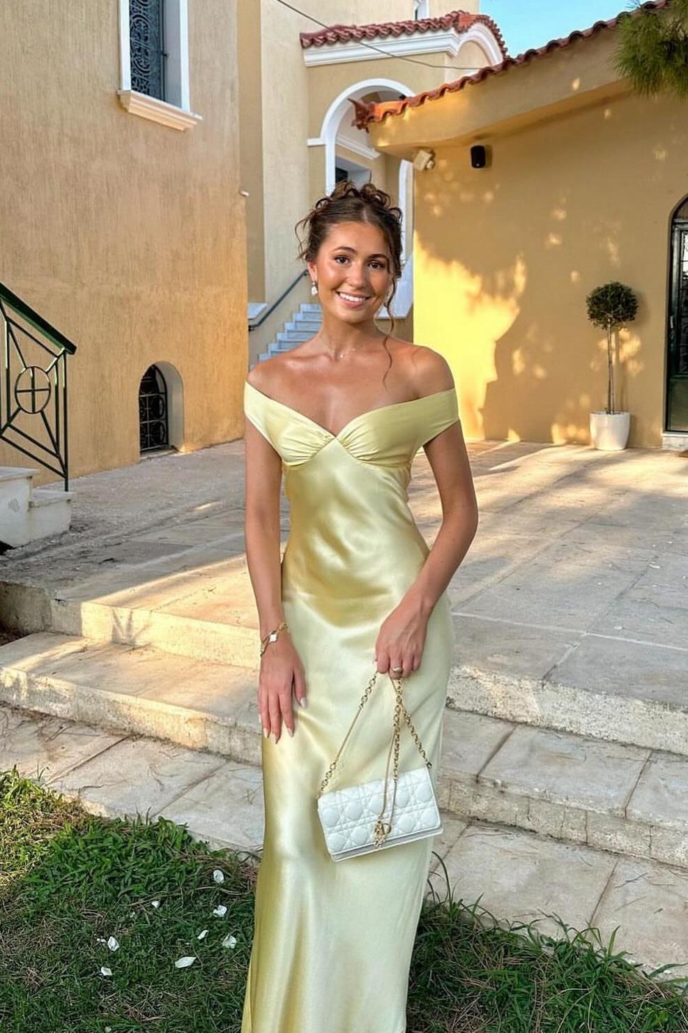 SOKYND Delia Satin Off the Shoulder Maxi Dress DressYellowXS
