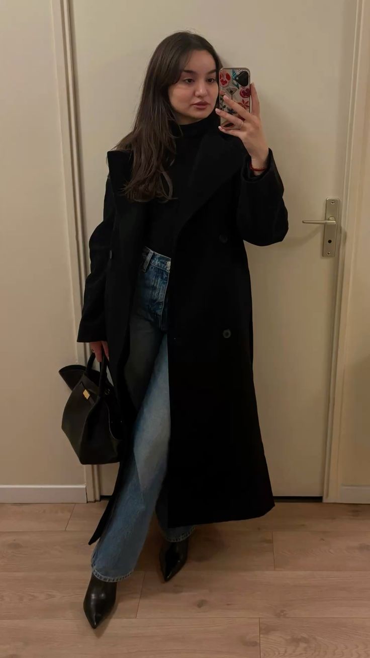 SOKYND Dolly Long Belted High Collar Coat in Black