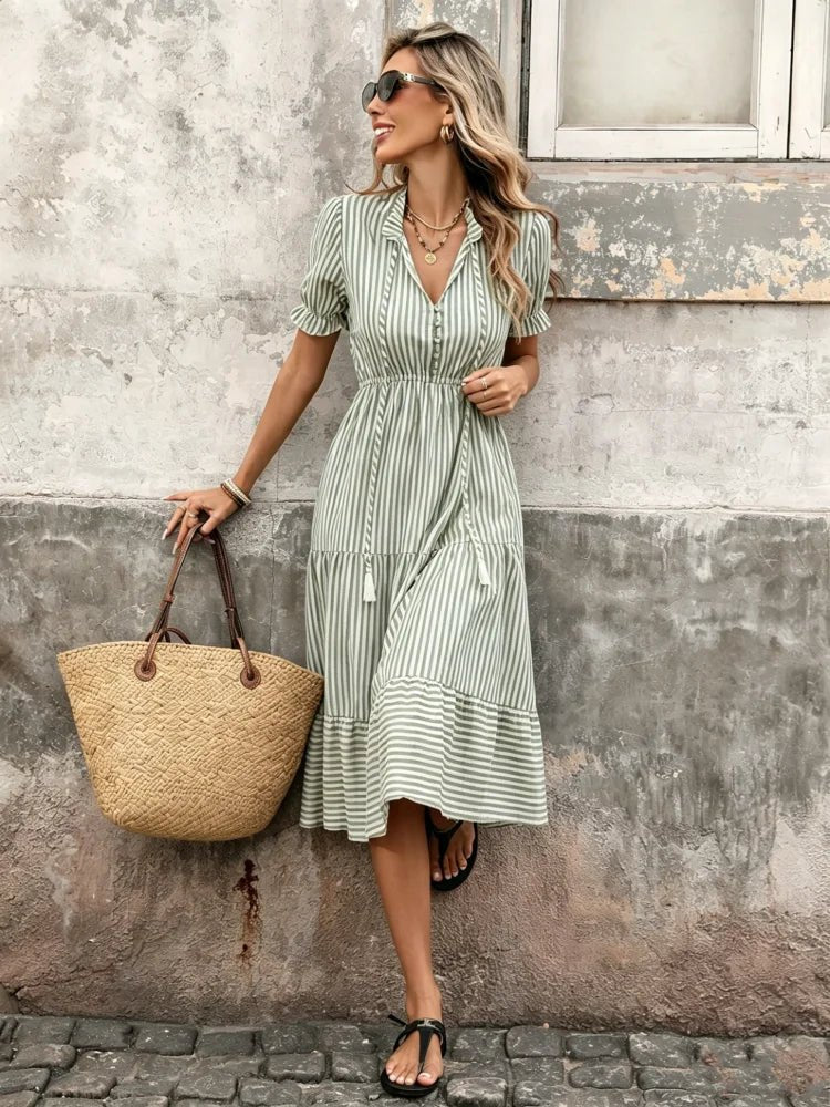 SOKYND Edith Striped Tassel Midi Dress DressGreenS