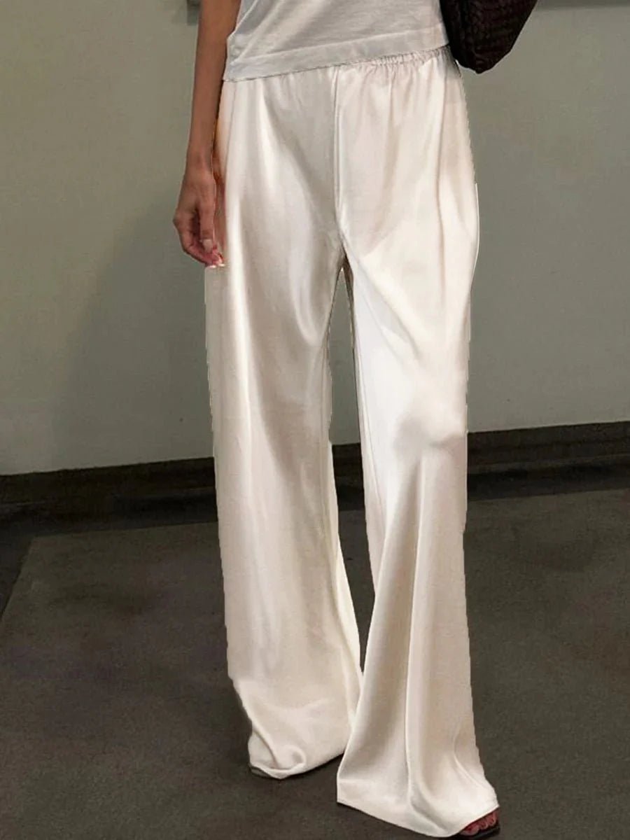 SOKYND Elena Wide Leg Satin Trousers PantsIvoryS