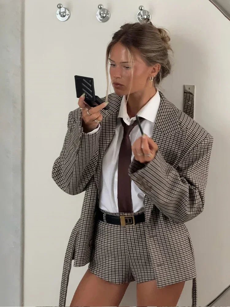 SOKYND Elma Houndstooth Belted Shorts Suit Matching SetsQk1774219786663122219L