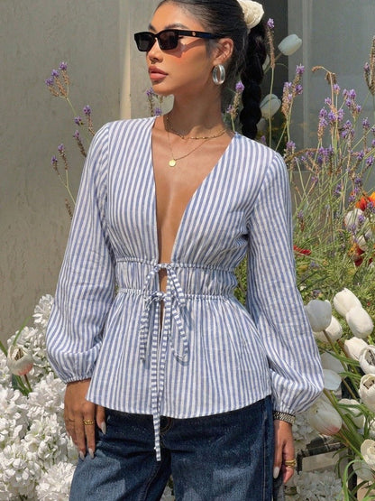 SOKYND Eulalia Striped Tie - Front Blouse TopsBlueL