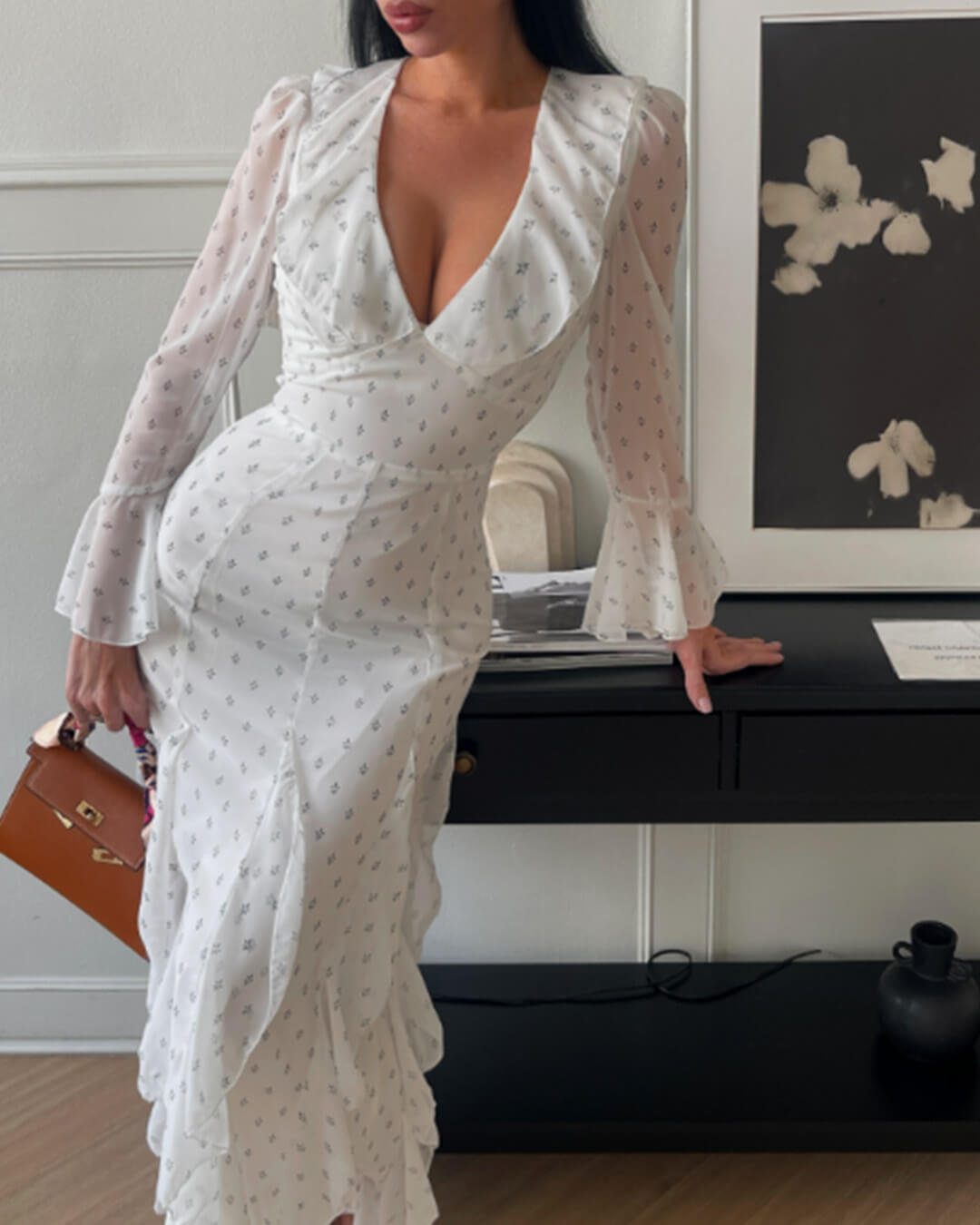 SOKYND Gloria Flared Sleeve Ruffle Maxi Dress DressWhiteM