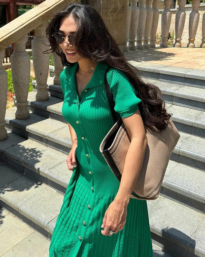 SOKYND Iris Turn - Down Collar Knit Maxi Dress DressGreen