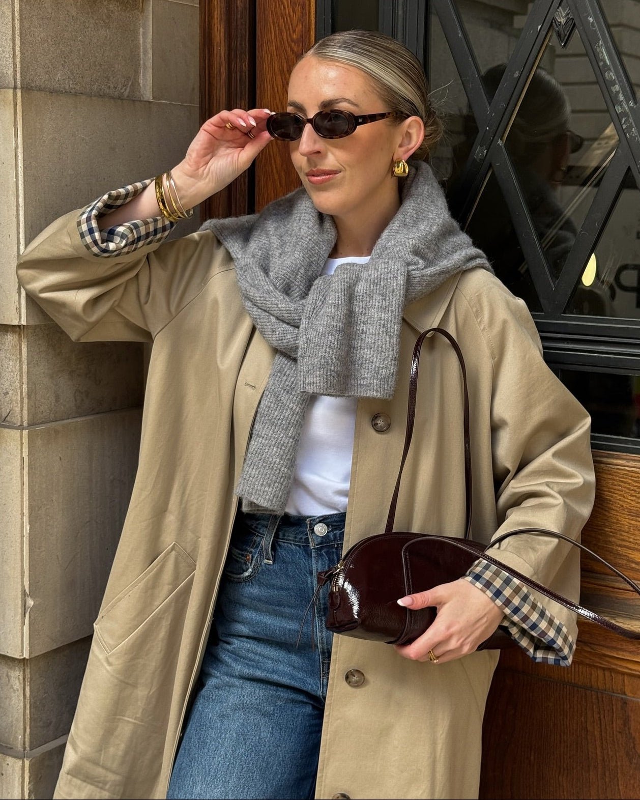 SOKYND Jane Check-Accent Mid Trench Coat CoatSOKYND-663447-BEI-L-30551BeigeL
