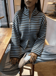 Kate Striped Mock Neck Knit Cardigan
