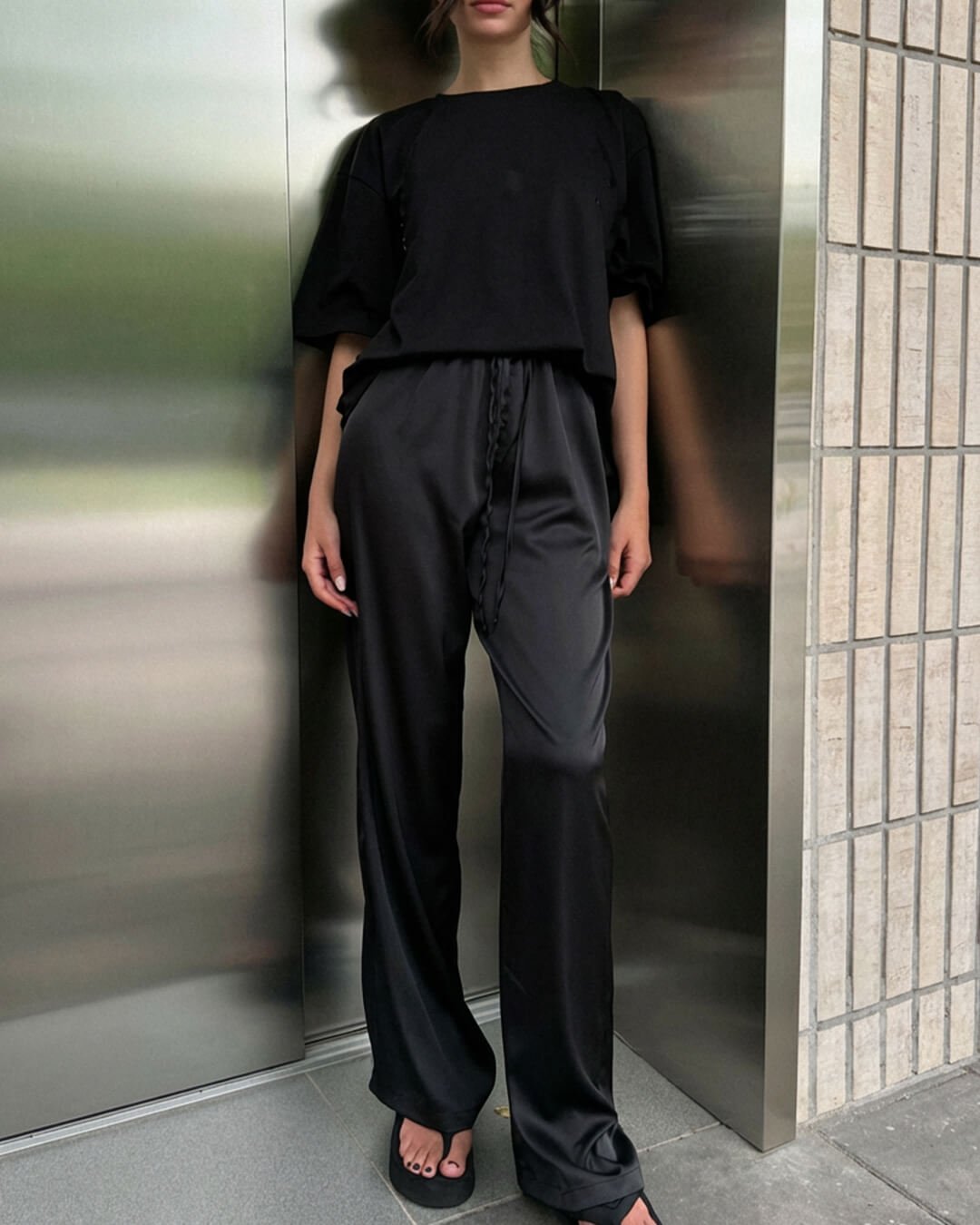 SOKYND Keith High Waist Satin Wide Leg Trousers TrousersJU1774219786666989162BlackS