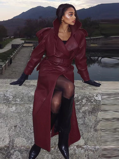 SOKYND Kelly Long Leather Moto Jacket JacketSOKYND-463447-BUR-S-12599BurgundyS