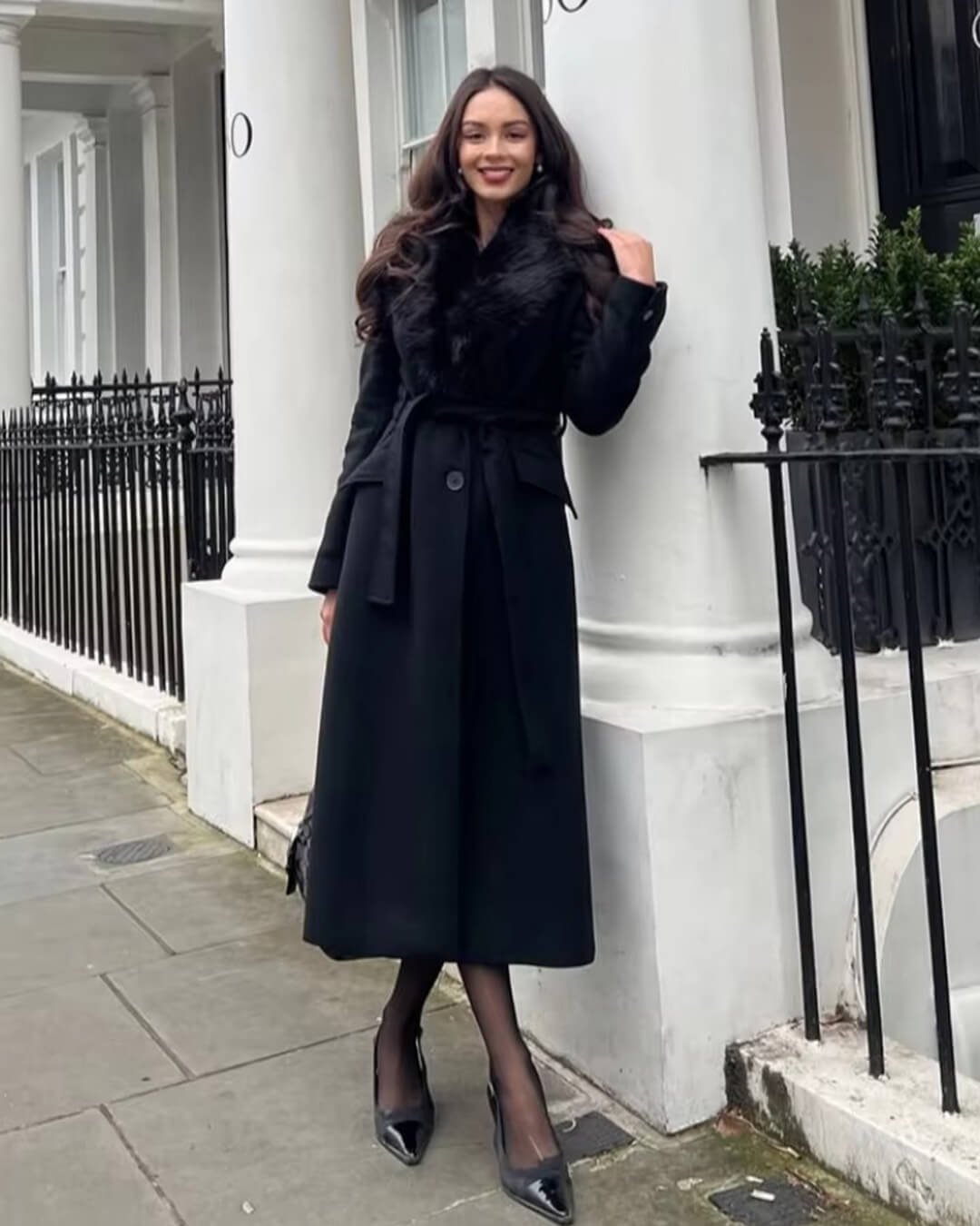 SOKYND Kirsty Faux Fur Collar Maxi Coat in Black