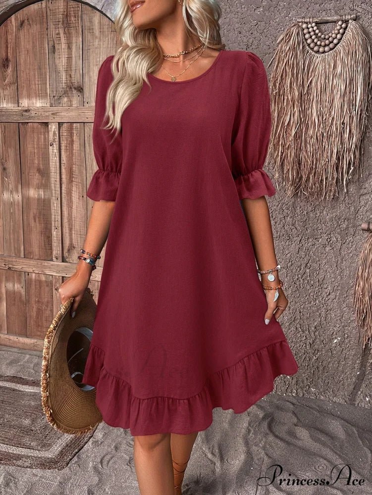 SOKYND Maelle Ruffle Hem Smock Dress DressBurgundyS