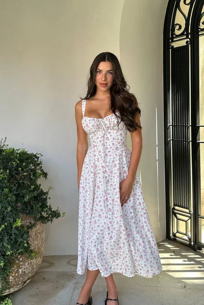 SOKYND Martha Floral Print Corset Midi Dress DressesWhiteM