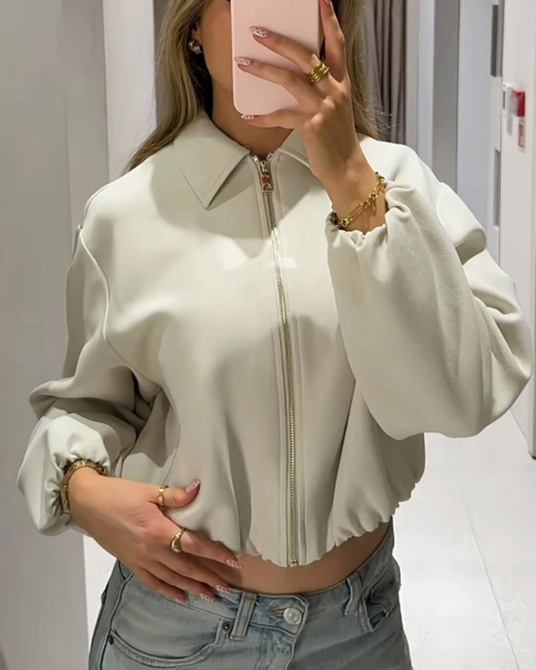SOKYND Meera Puff Sleeve Bomber Jacket Coats & JacketsIvoryS