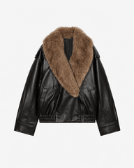 Merriame Faux Leather Jacket with Detachable Fur Collar