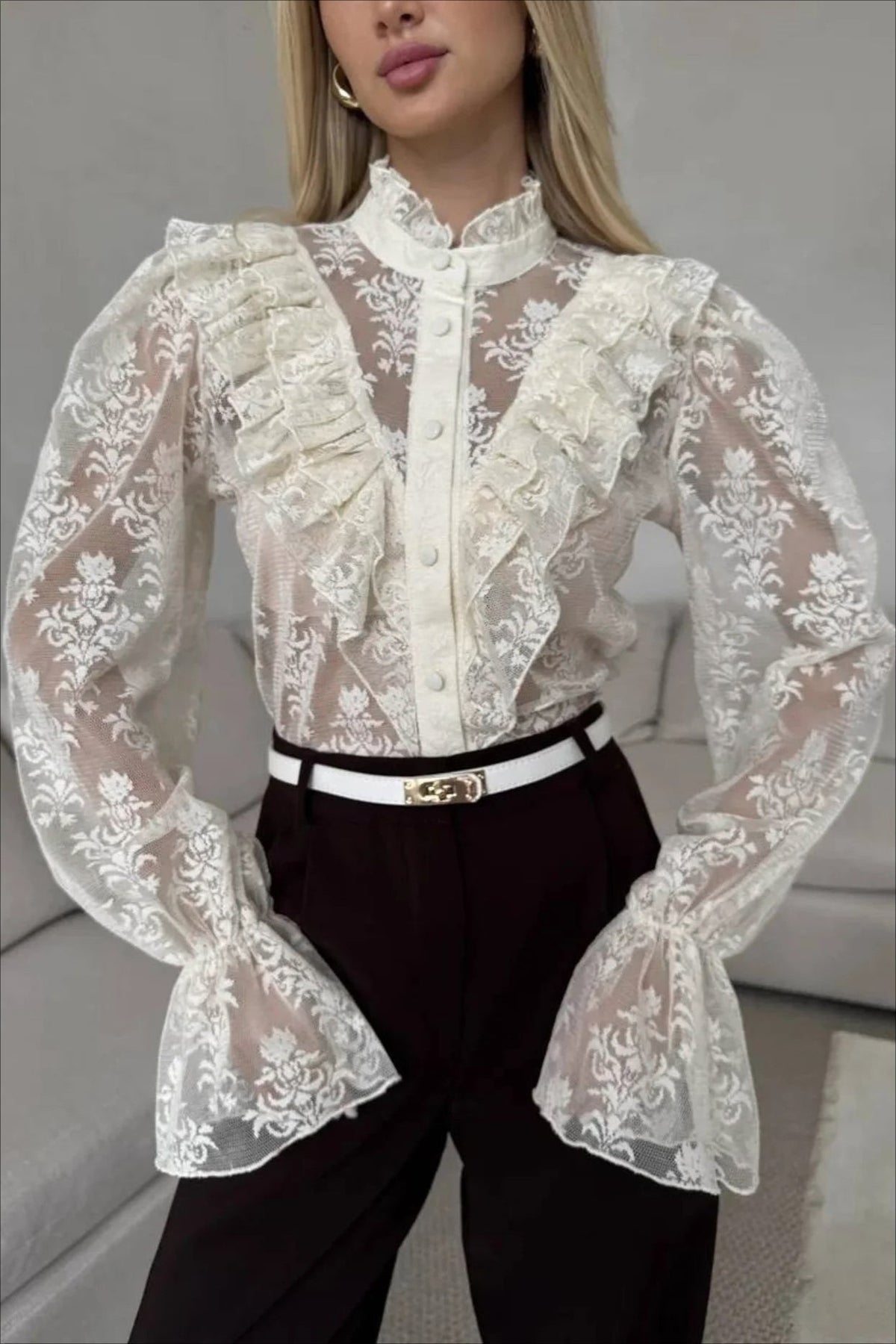 SOKYND Mia Ruffle Lace Sheer Blouse BlouseSOKYND-444951-BEI-M-20855BeigeM