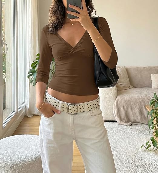 SOKYND Miranda Deep V Midi Sleeve Tee TopsSOKYND-270551-BRO-S-33239BrownS