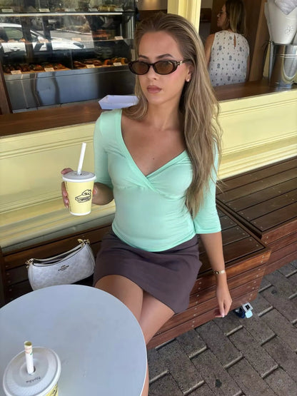SOKYND Miranda Deep V Midi Sleeve Tee TopsTealS