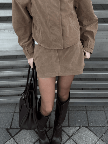 SOKYND Naomi Suede Cropped Coat & Skirt Set Matching SetsSOKYND-571351-CRO-BEIGE-22455Cropped Coat & Mini Skirt SetBeigeS