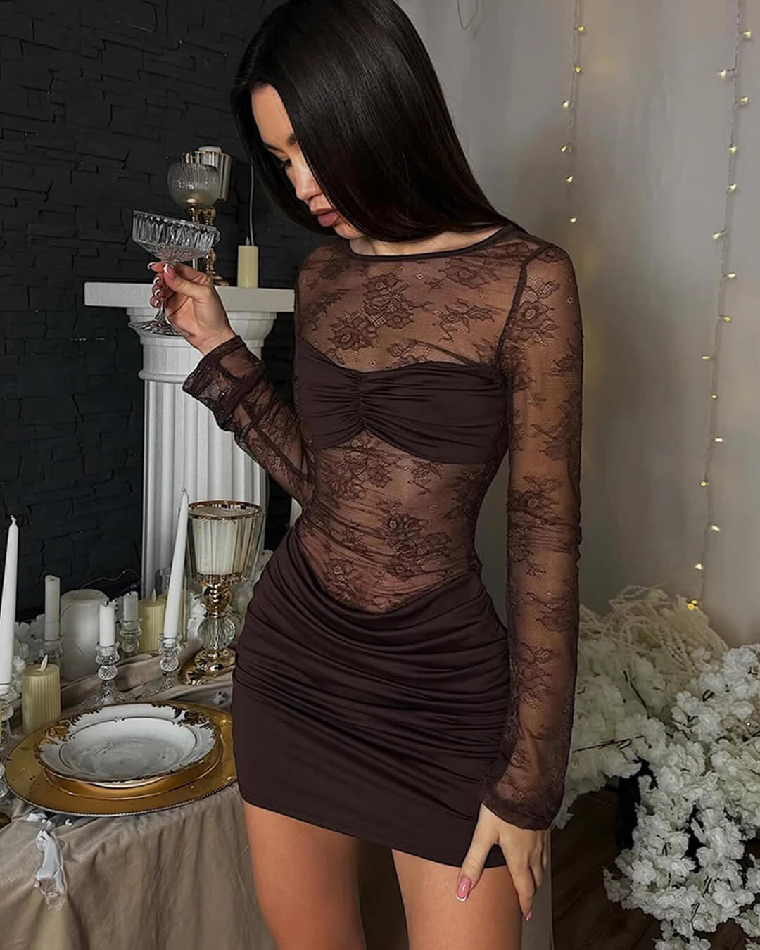 SOKYND Nia Backless Lace Mini Dress DressBrownS