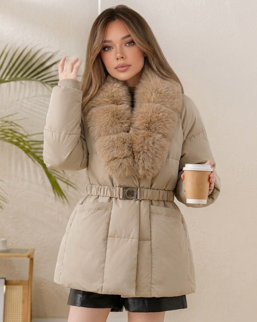 SOKYND Octavia Belted Faux Fur Collar Quilted Parka CoatSOKYND-235799-BEI-S-07927BeigeS