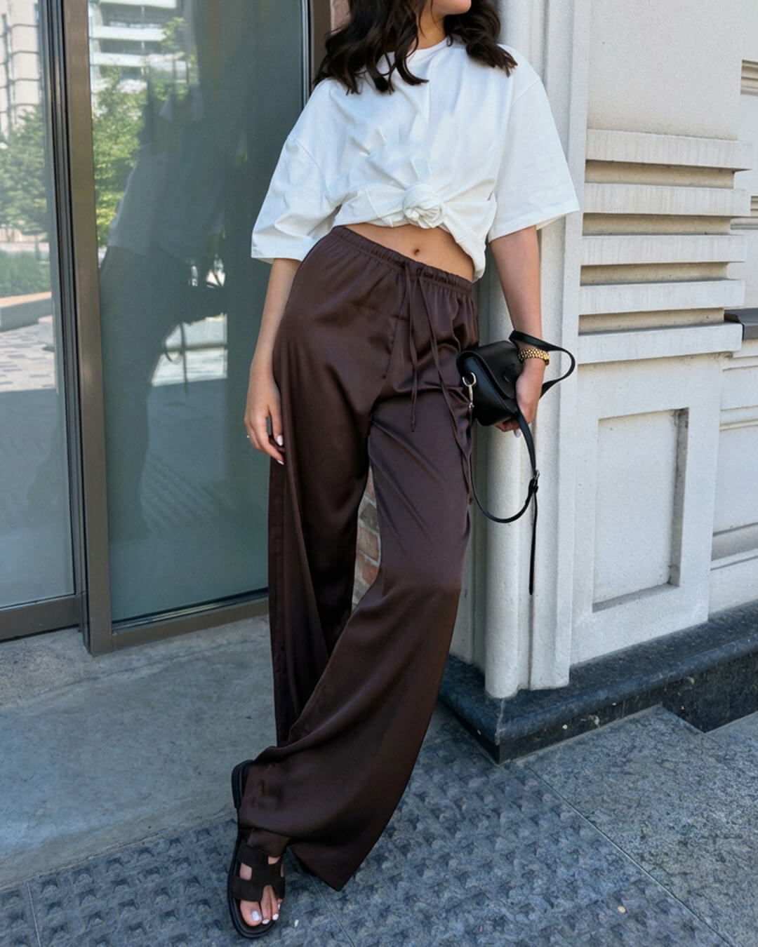 SOKYND Paige High Waist Satin Wide Leg Trousers BottomsBrownS