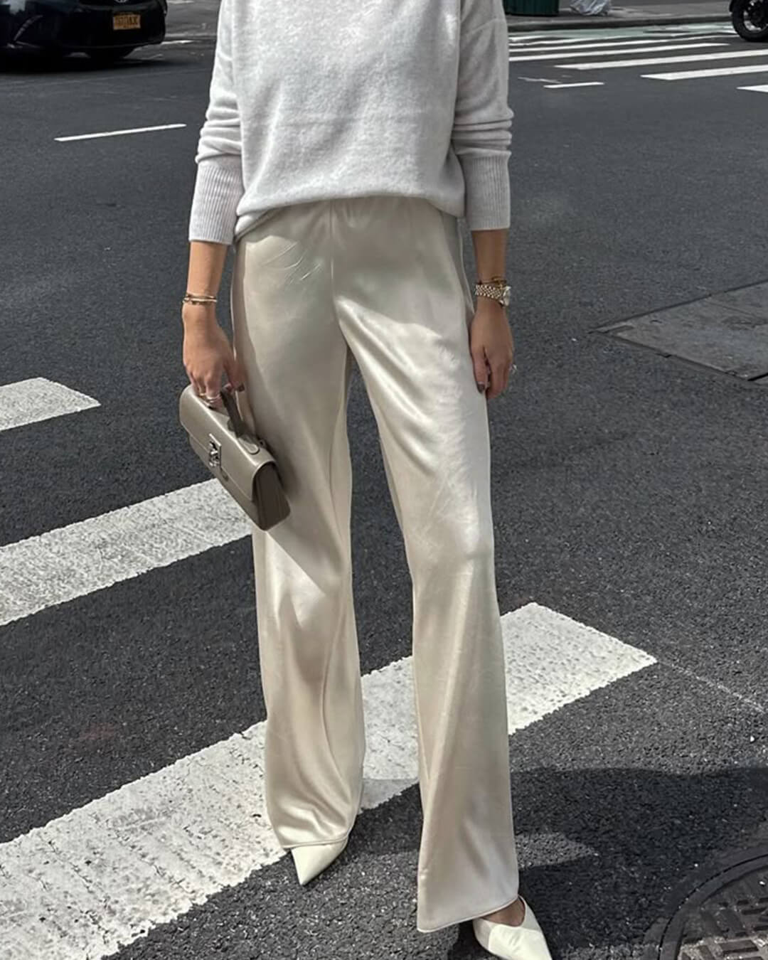 SOKYND Paige High Waist Satin Wide Leg Trousers BottomsWhiteL
