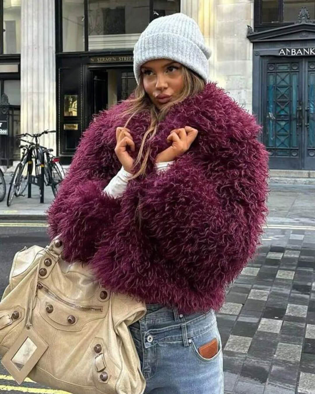 SOKYND Priscilla Fuzzy Faux Fur Coat Coats & Jacketsct1767356248755910001BurgundyXS