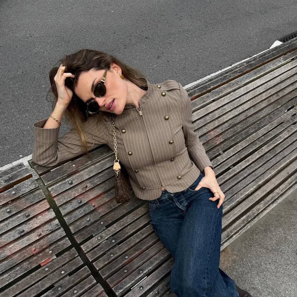 SOKYND Reese Striped Zip - Up Blazer Coats & JacketsBrownS