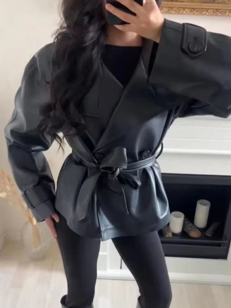 SOKYND Rose Faux Leather Lace-Up Trench Coat CoatSOKYND-484439-BLA-S-50551BlackS
