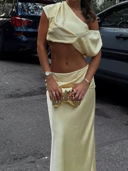 SOKYND Sienna Satin Pleated Crop Top & Skirt Set Matching SetsYellowXS