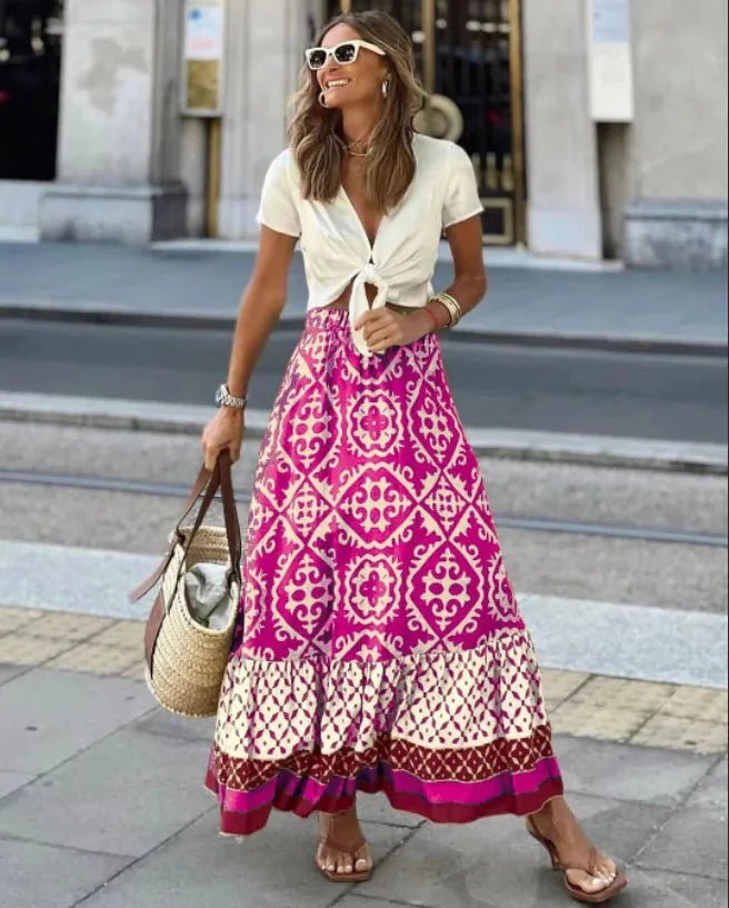 SOKYND Vianne Boho Printed Midi Swing Skirt SkirtRose RedS