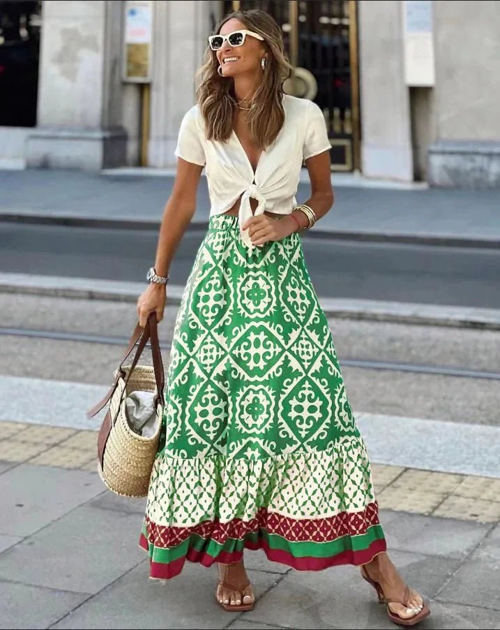 SOKYND Vianne Boho Printed Midi Swing Skirt SkirtTealS