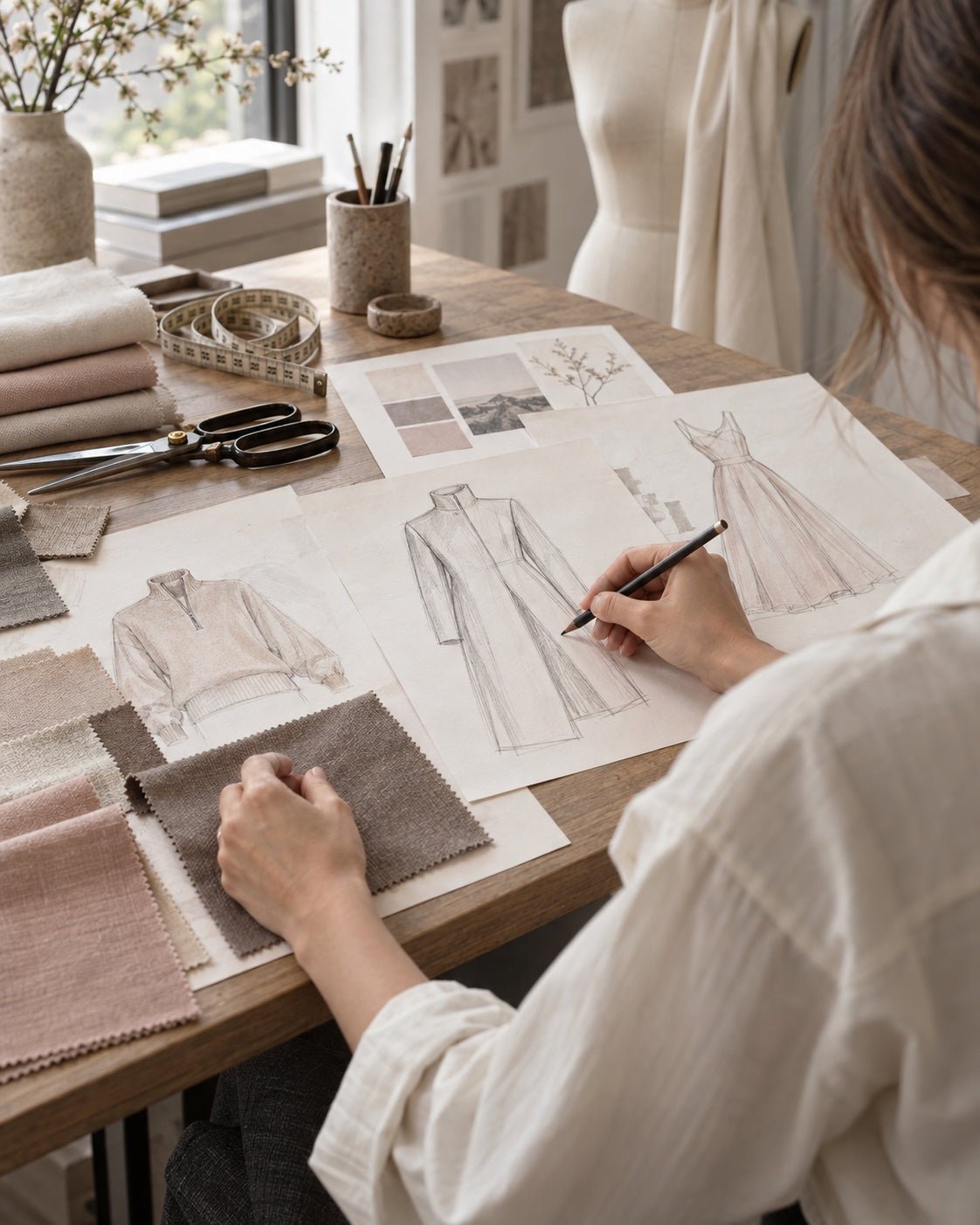 Illustrative image of a designer sketching a collection beside fabric swatches.